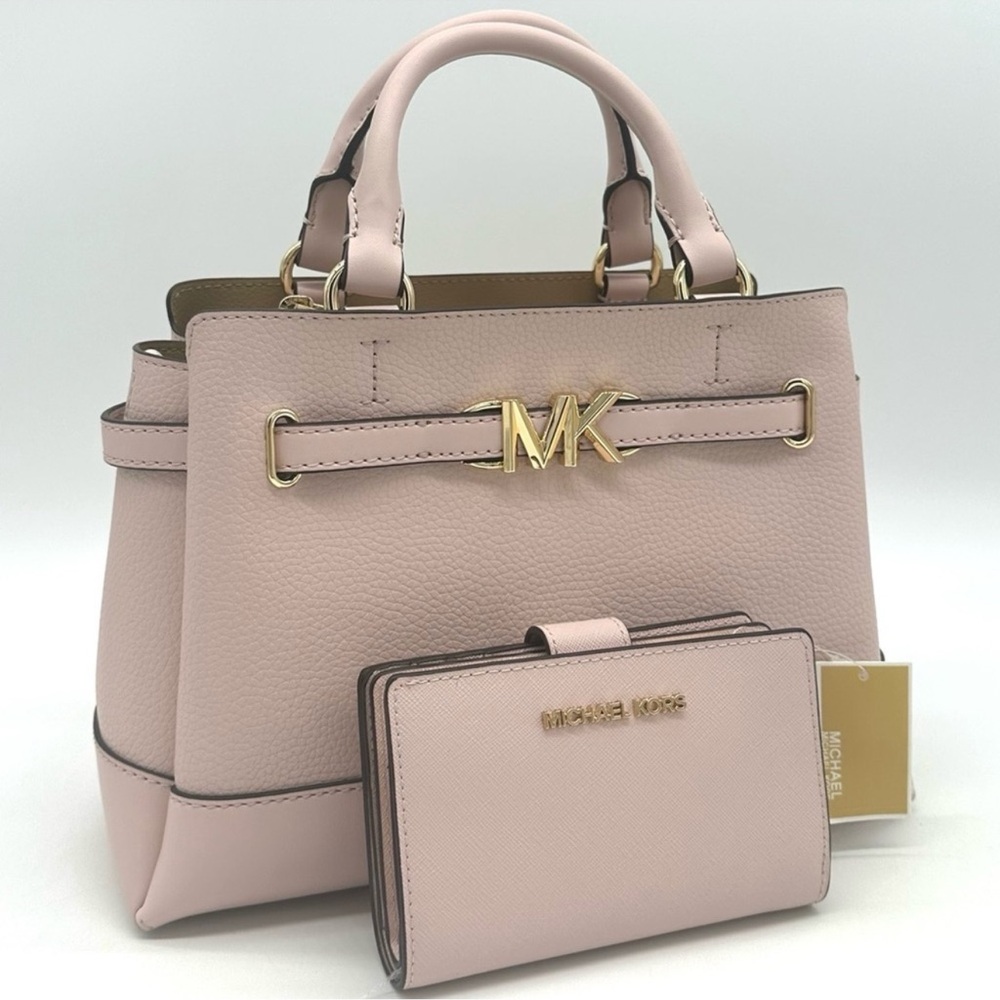 Michael Kors Reed Small Satchel Crossbody Bag & MD Bifold Zip Chain Wallet Pink - Picture 1 of 14